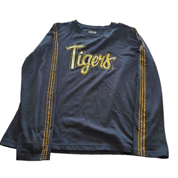 The License House Black Long Sleeve T Shirt Gold Rhinestone Tigers Size Medium - Picture 5 of 7